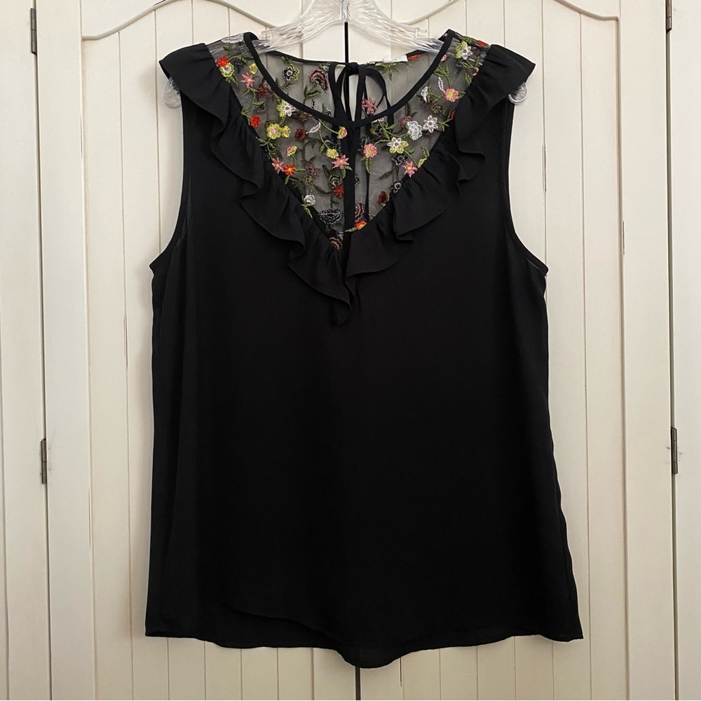 Pleione Sleeveless Blouse Ruffle Accent Embroidered Flowers Sheer Silky Large